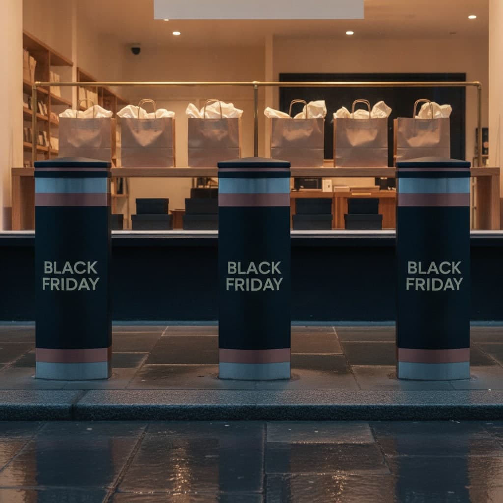 Black Friday bollard covers on a row of steel bollards outside a shop at dusk