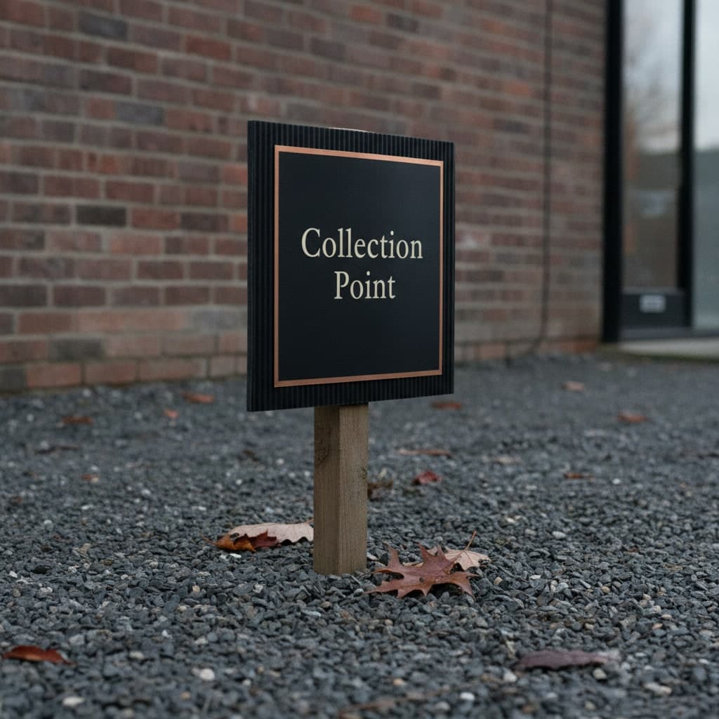 Black Friday collection point correx sign on a stake in a gravel overflow car park