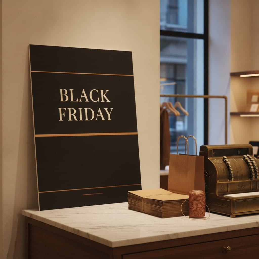 Black Friday display board leaning on the wall behind a marble till with kraft bags in front