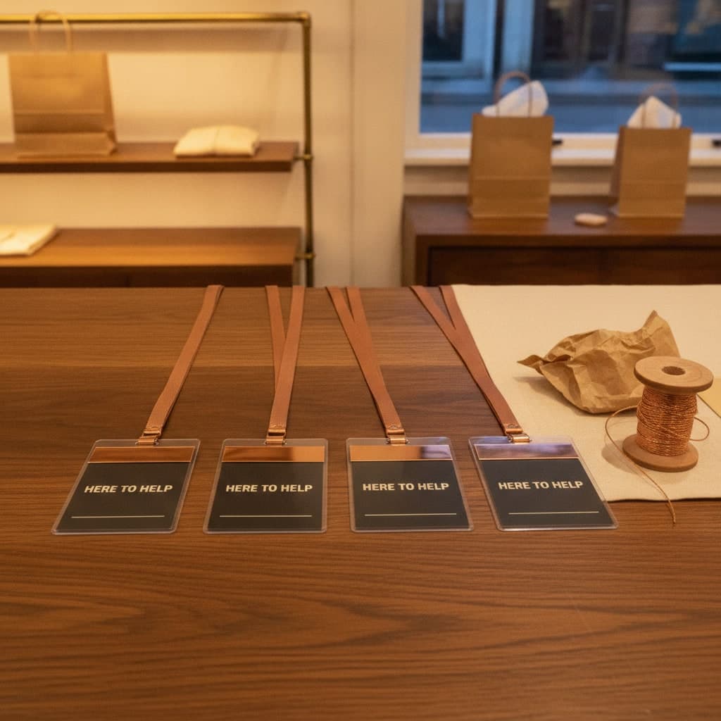 Black Friday staff badges on copper lanyards laid on a shop counter beside a kraft bag