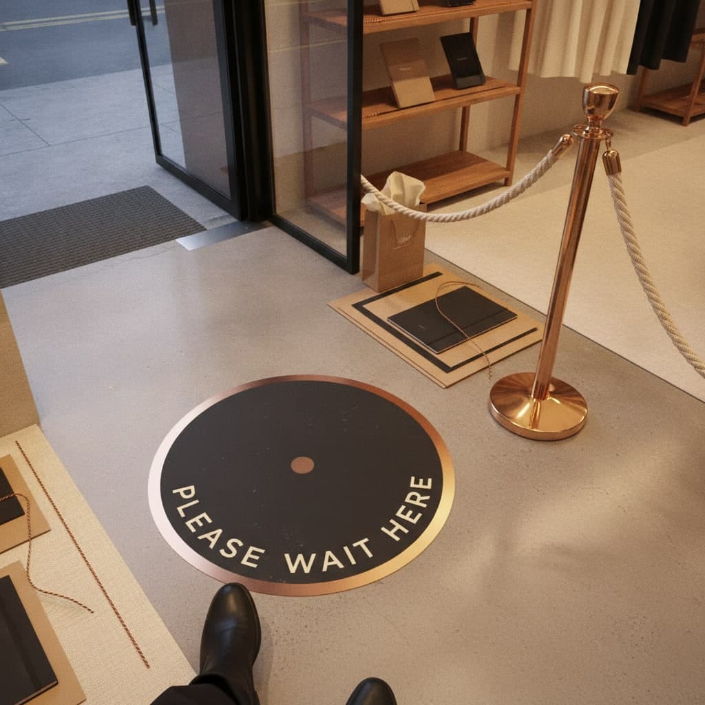 Black Friday queue floor graphic on polished concrete inside a shop entrance beside a brass queue post and kraft bags
