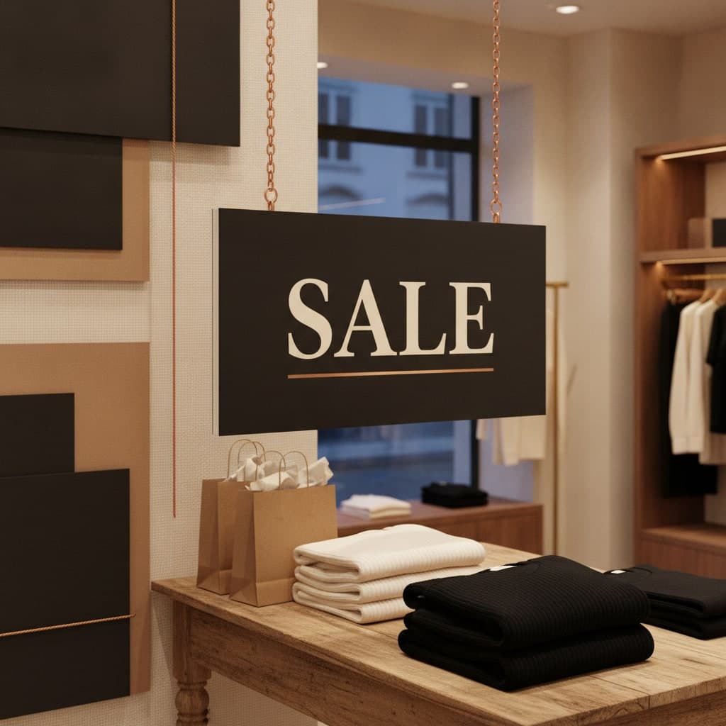 Black Friday sale foam board sign hung on copper chains above a table of folded jumpers in a shop