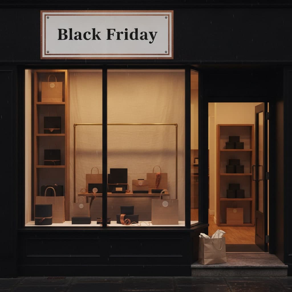 Black Friday foamex sign screwed to a shop fascia on a wet November evening, rain on the pavement