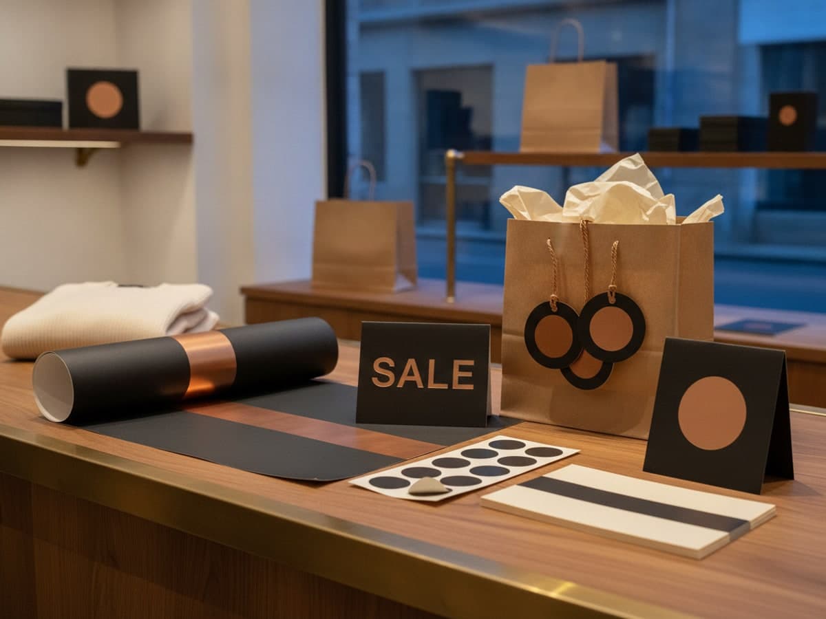 Black Friday printing for the shop floor: posters, tent cards, swing tags, sale stickers and flyers on a timber counter