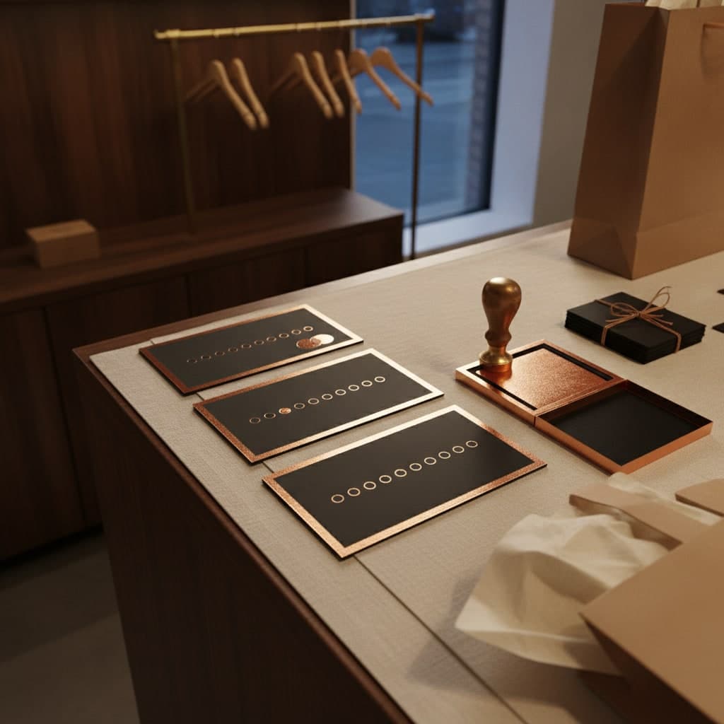 Black Friday loyalty stamp cards fanned on a counter beside a brass stamp and a kraft bag