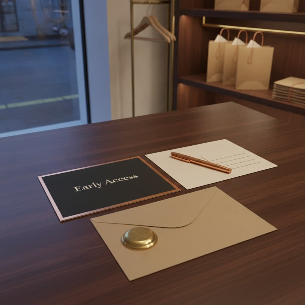Black Friday postcards on a shop office desk with a copper pen, one card face down showing its blank back
