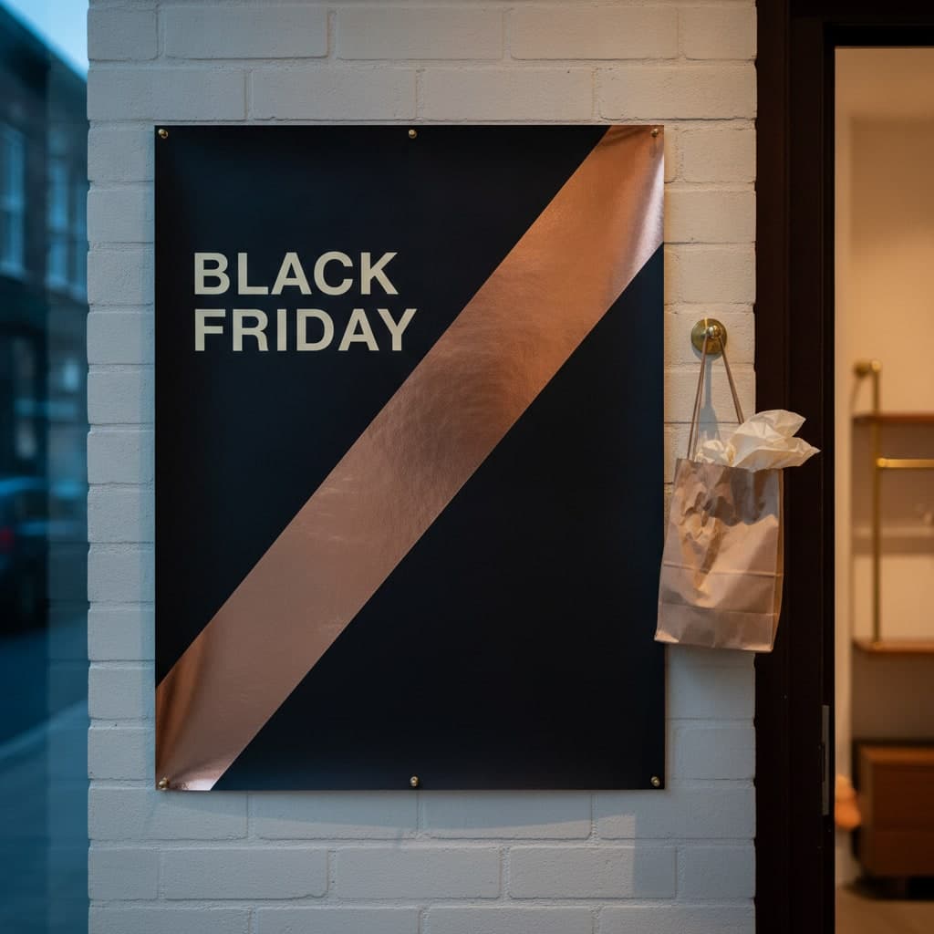 Black Friday poster printed matte black with a copper stripe, pinned to a brick wall by a shop entrance
