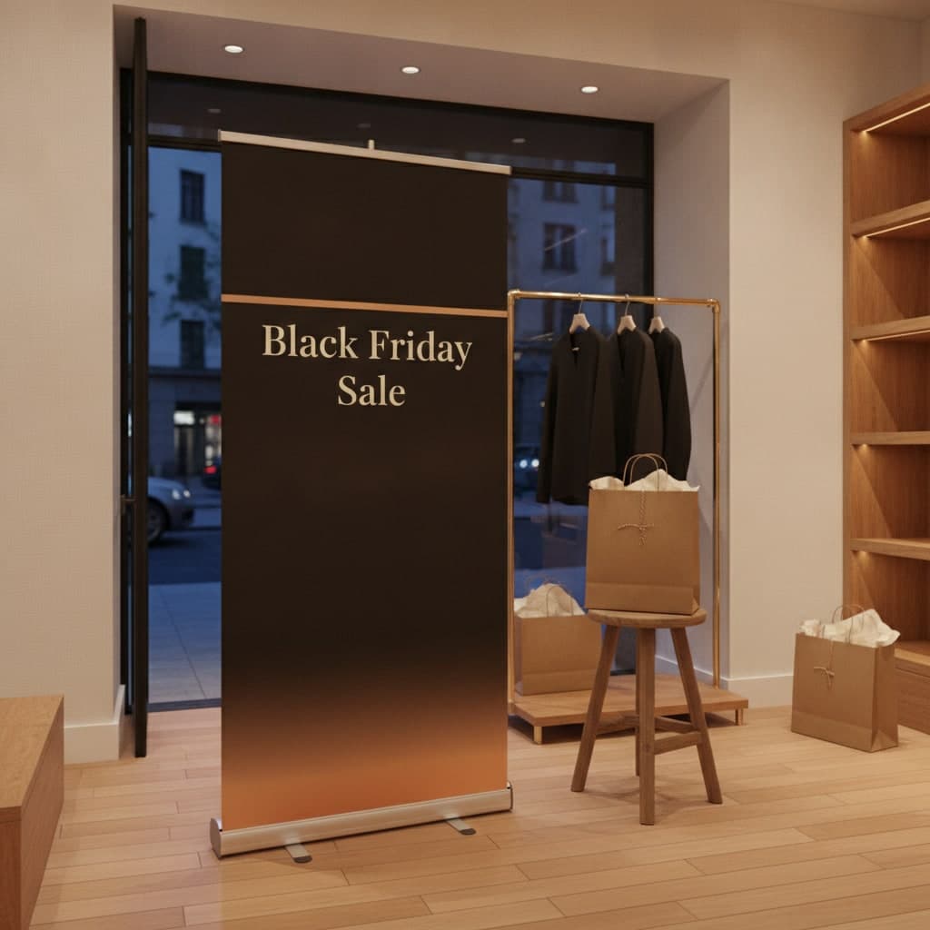 Black Friday roller banner standing on its base inside a shop doorway beside a kraft bag on a stool