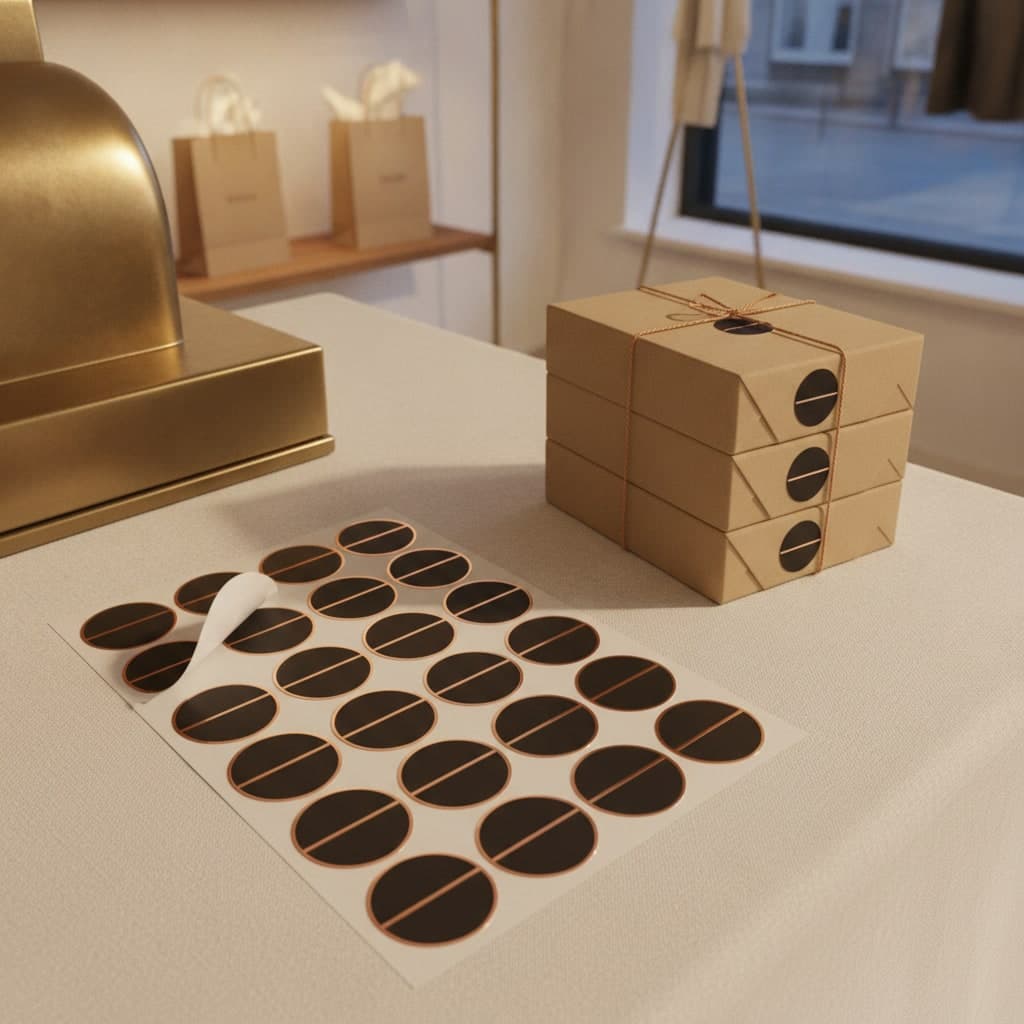 Black Friday sale sticker sheet on a cream cloth counter, one sticker lifted, three kraft boxes beside it already labelled