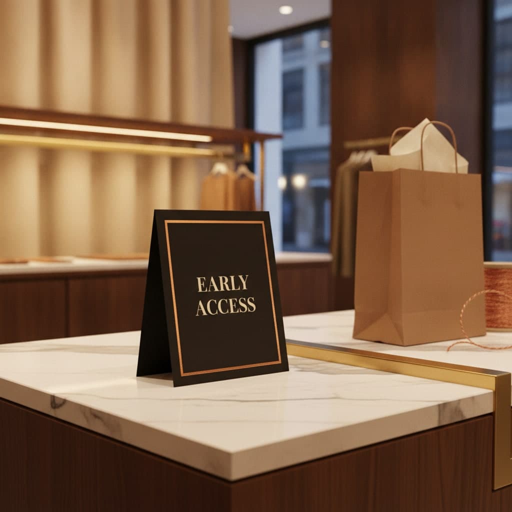 Black Friday strut card standing on a marble counter beside a brass till and kraft bag