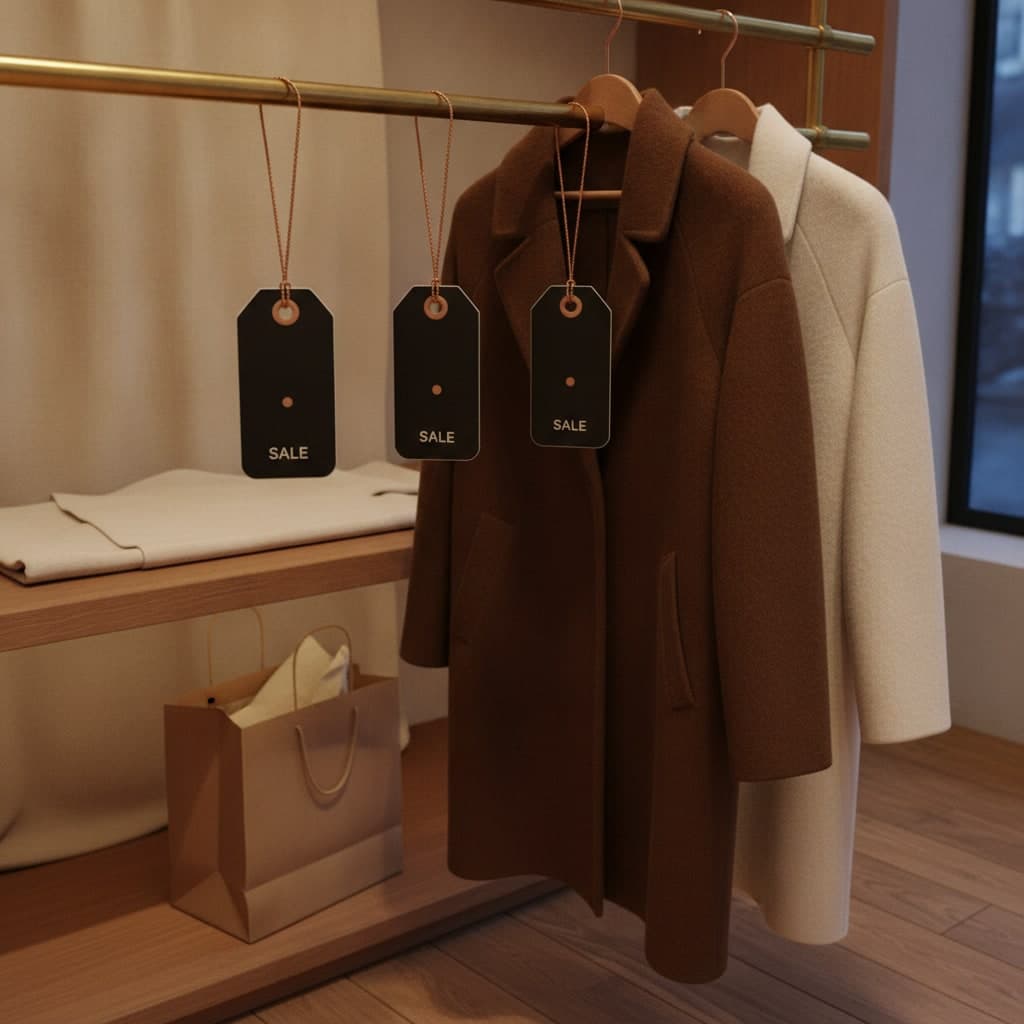 Black Friday swing tags on copper twine tied to the coats on a brass clothes rail in a shop