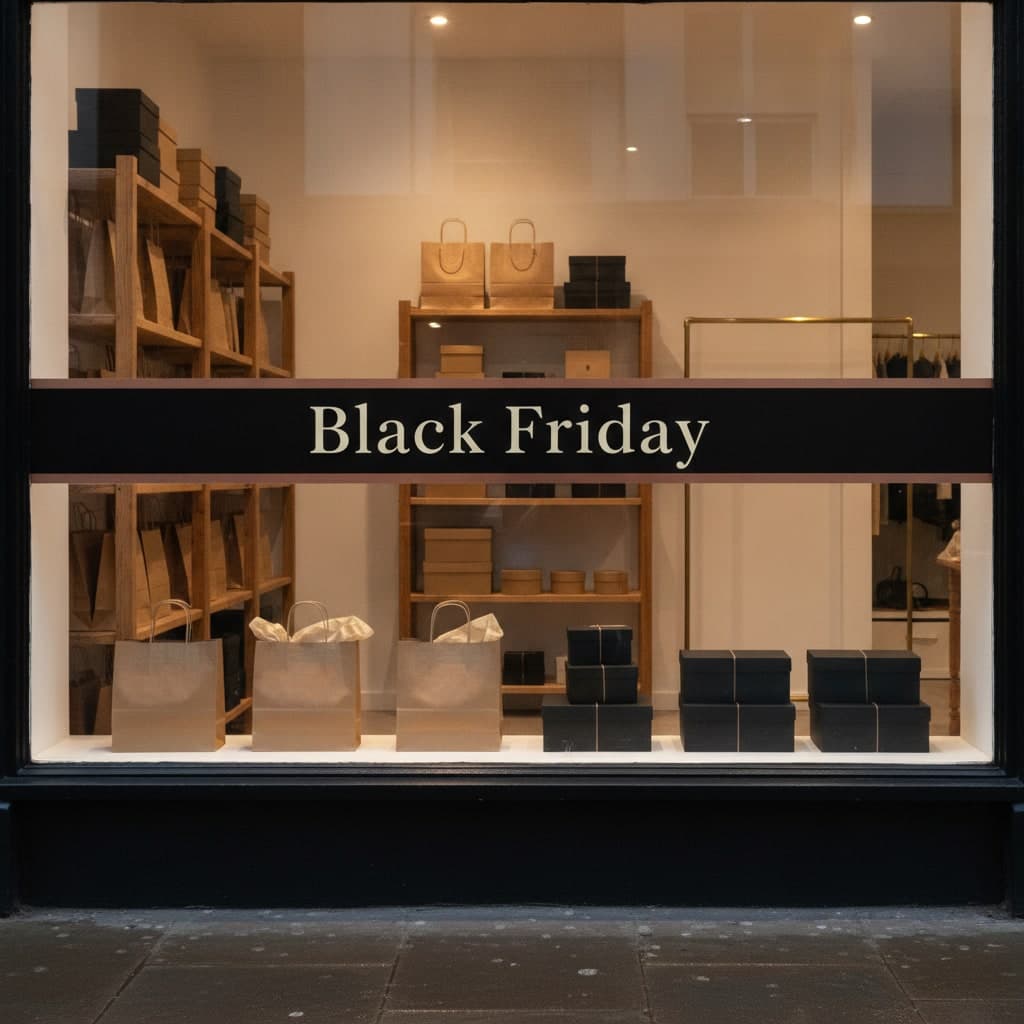Black Friday window vinyl applied to a shop's plate glass at dusk with warm shop lighting and kraft bags behind