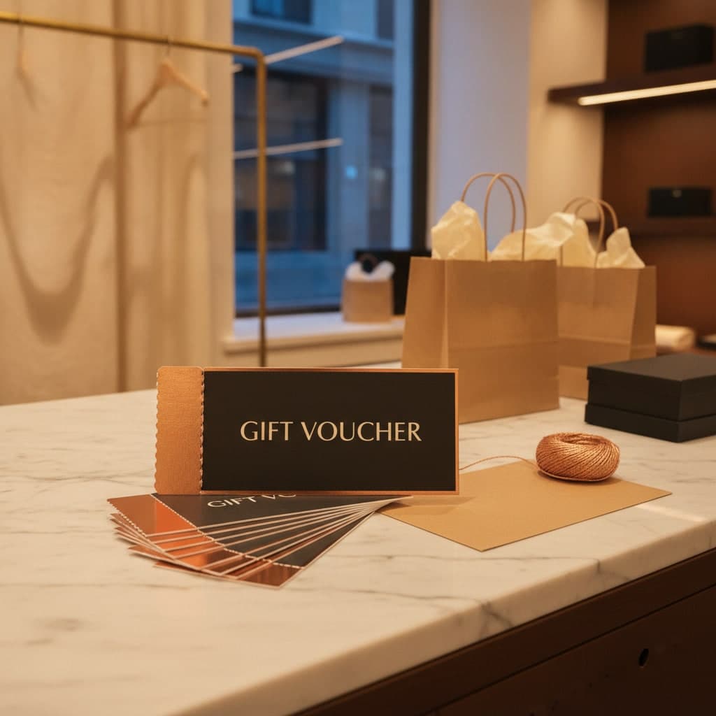 Black Friday gift vouchers with perforated stubs fanned on a marble counter beside a kraft envelope