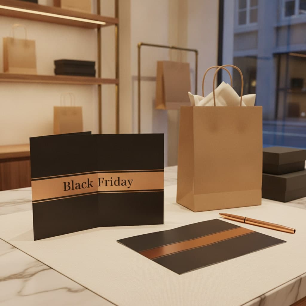 Black Friday Z-fold leaflet standing in a crisp Z on a marble counter beside an unfolded copy