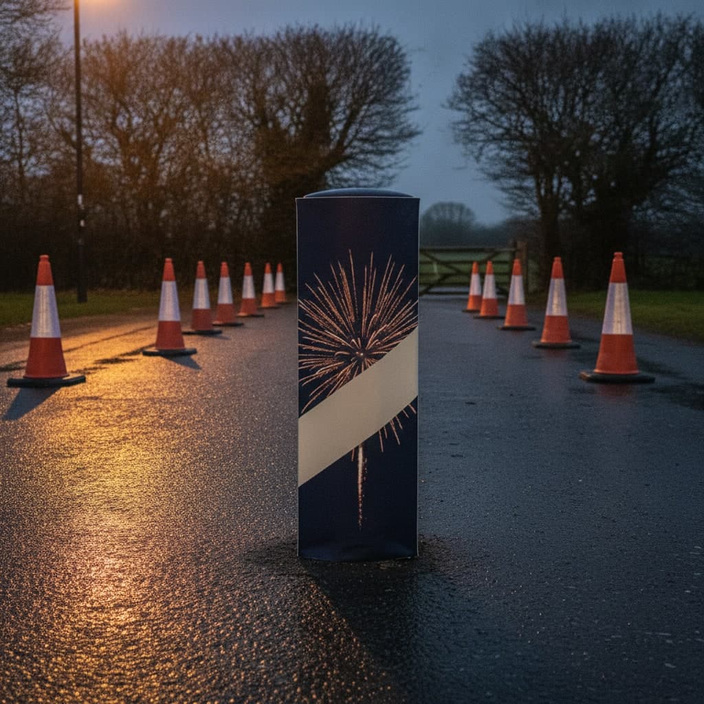 Printed bollard cover in navy and copper marking a lane closed for a Bonfire Night display, cones behind at dusk