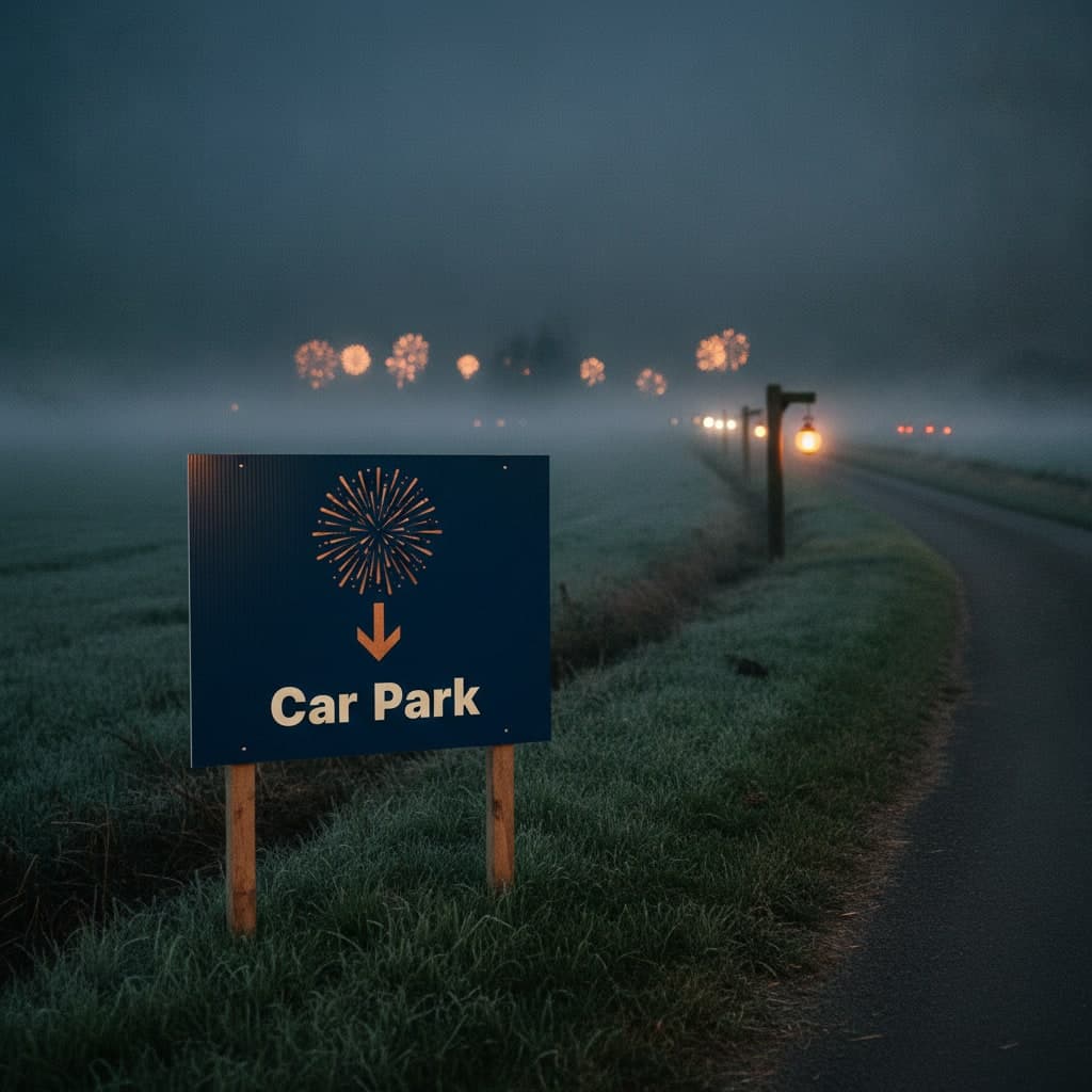 Correx car park sign on stakes in a grass verge directing Bonfire Night traffic down a misty country lane