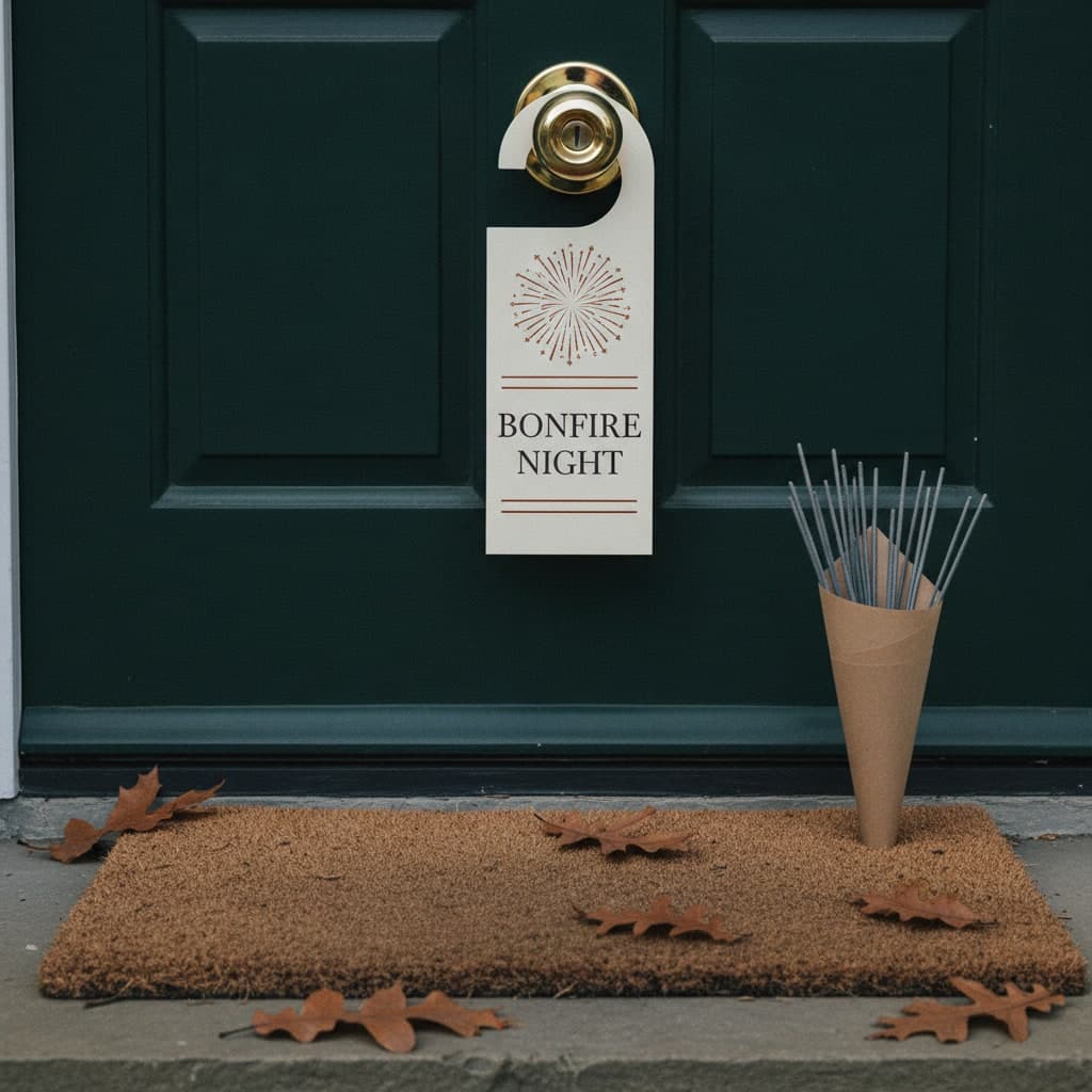 Door hanger reading BONFIRE NIGHT for a Bonfire Night display, hooked over a brass knob on a green front door