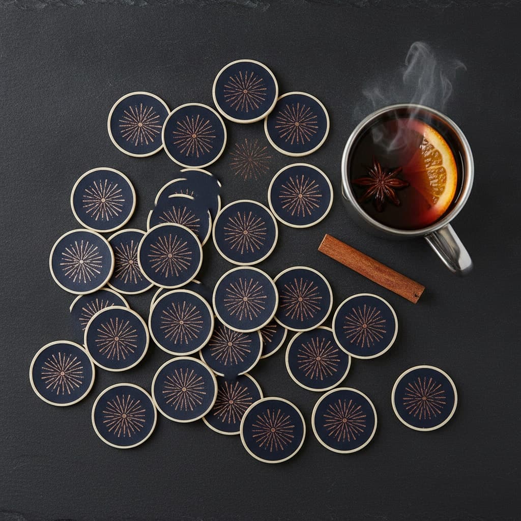 Round Bonfire Night drink tokens printed with a copper firework burst on slate beside a mug of mulled wine