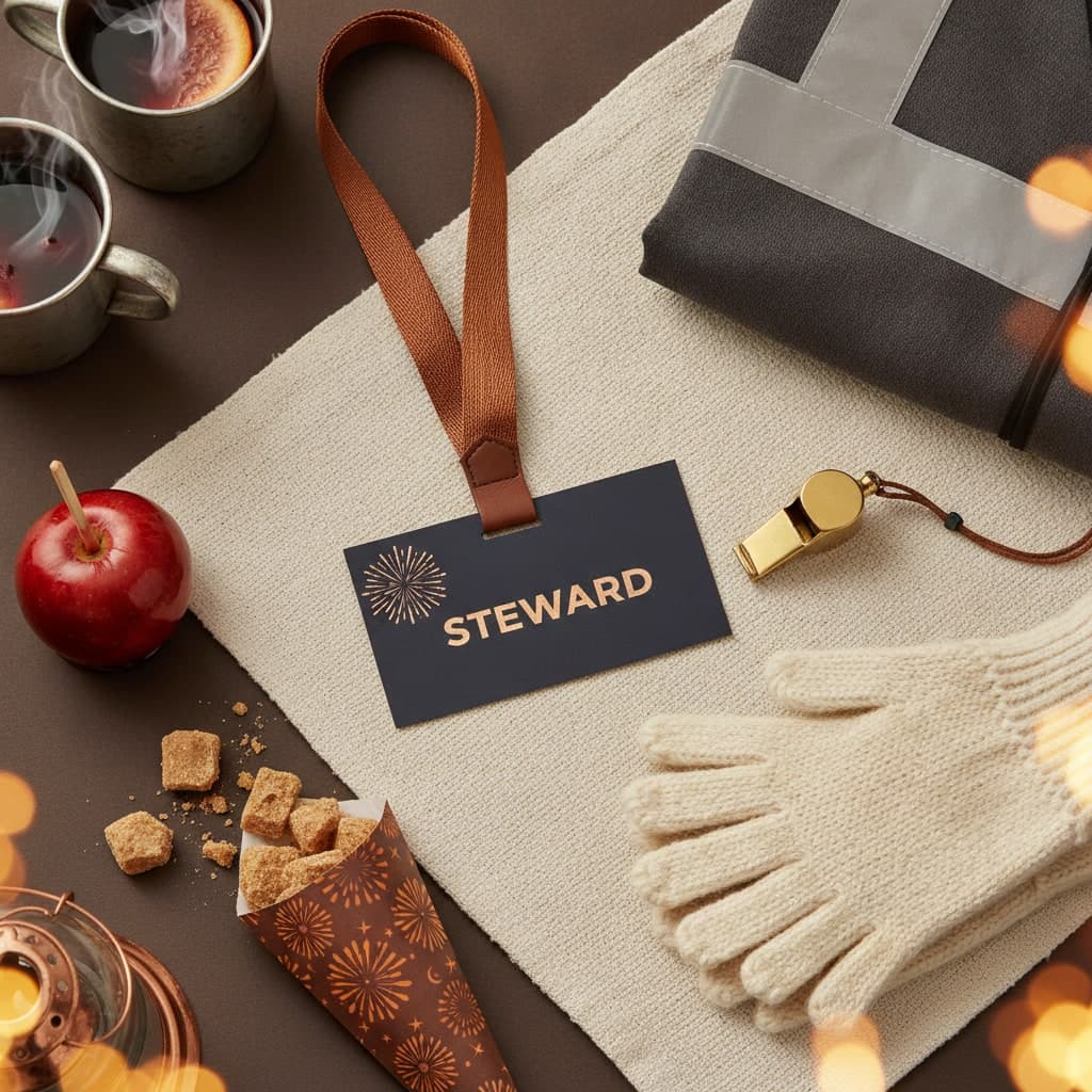 Steward badge on a lanyard for a Bonfire Night display, laid out with a vest, whistle and gloves on cream linen