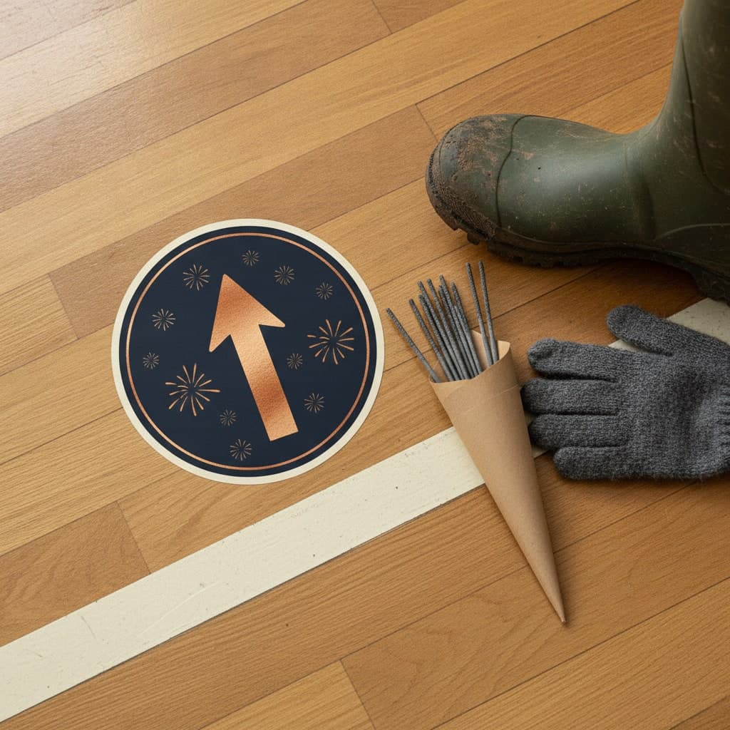 Floor graphic sticker with a copper arrow on a sports hall floor guiding the Bonfire Night queue indoors