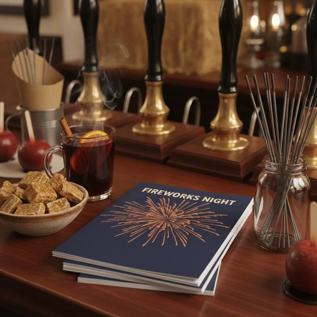 A5 Bonfire Night flyers stacked on a pub bar beside mulled wine, cinder toffee and a jar of sparklers