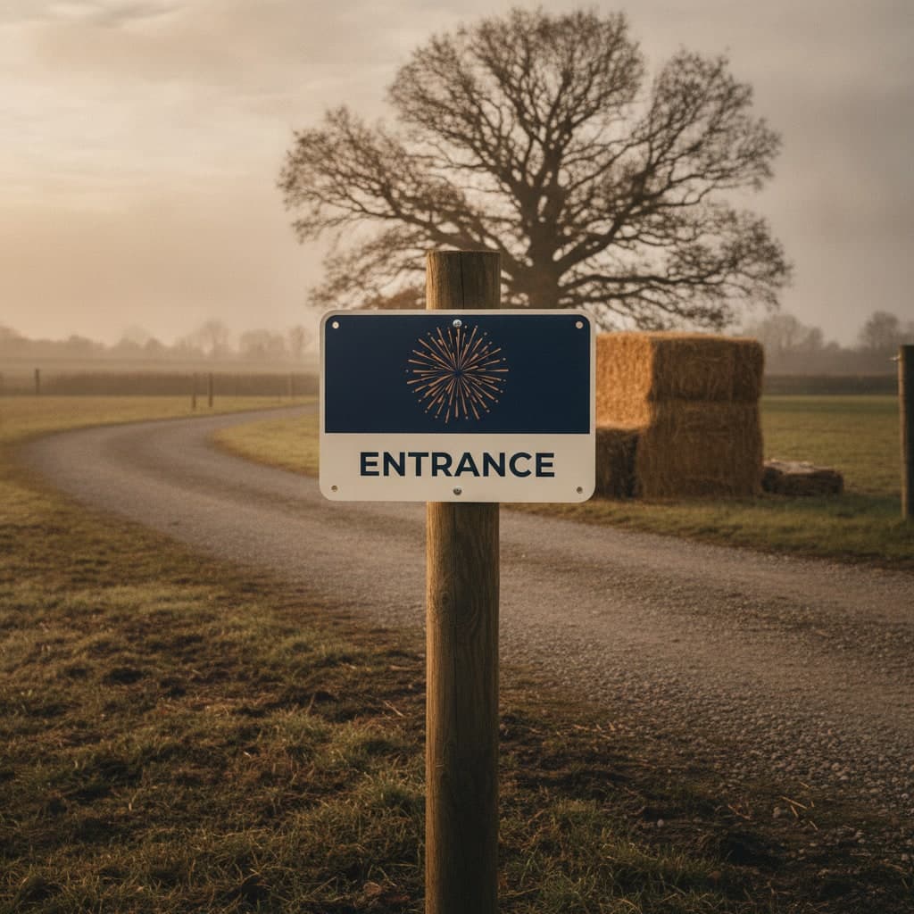 Foamex entrance sign for a Bonfire Night display fixed to a wooden post at a field gateway with straw bales behind