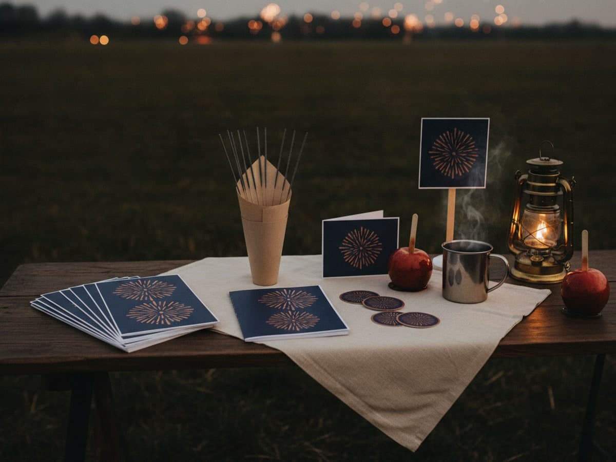 Bonfire Night print laid out on an oak trestle at dusk: flyers, a programme, tokens and a field sign with sparklers