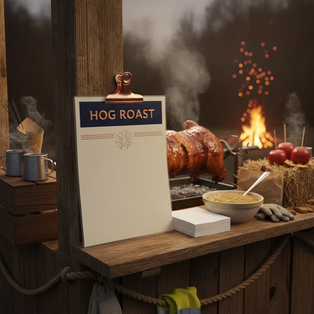 Laminated Bonfire Night hog roast menu clipped to a food stall shelf with steam rising and napkins beside it