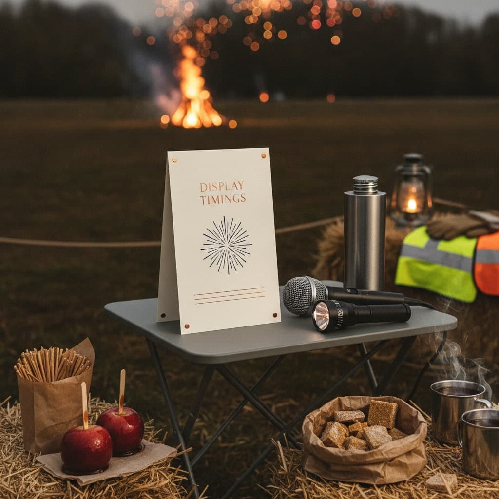 Bonfire Night running order card, saddle stitched, standing on the announcer's table beside a microphone and a torch
