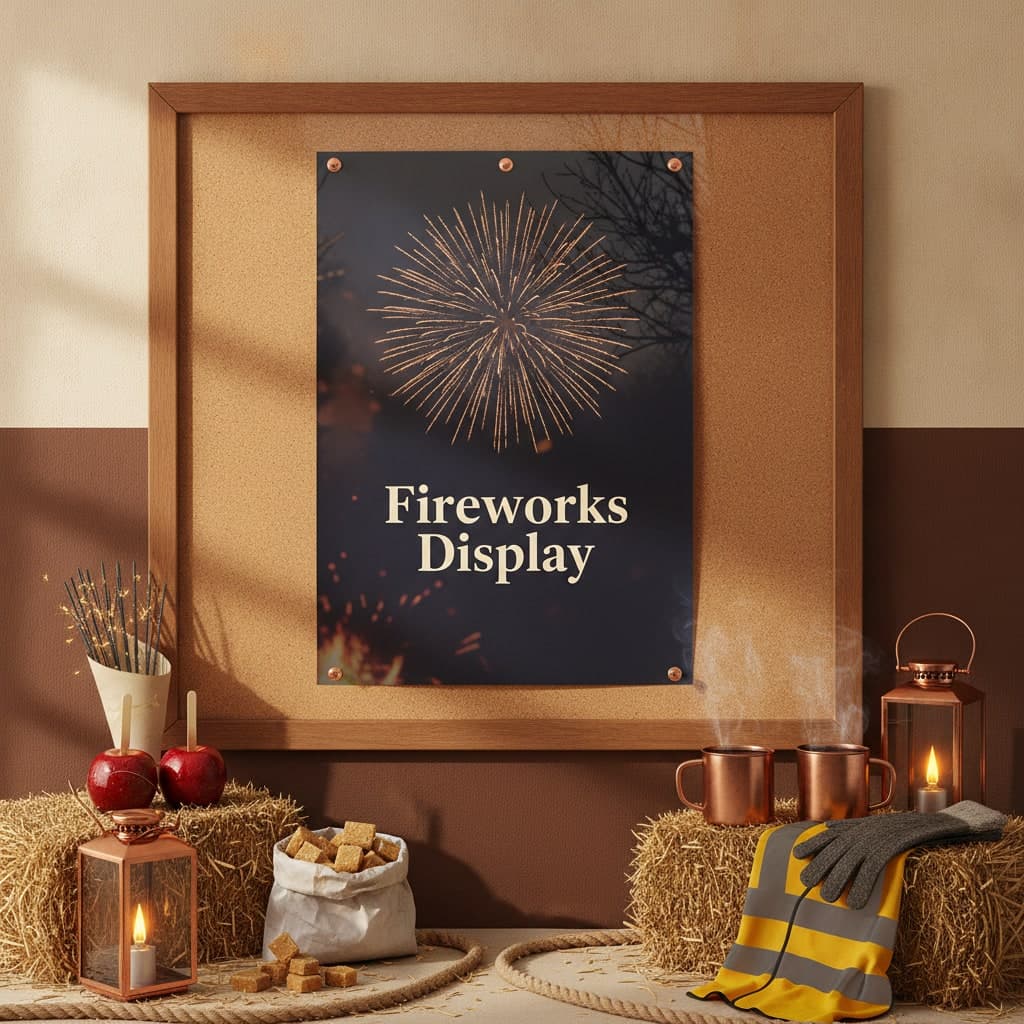 A3 Bonfire Night fireworks display poster pinned to a village noticeboard in low November light