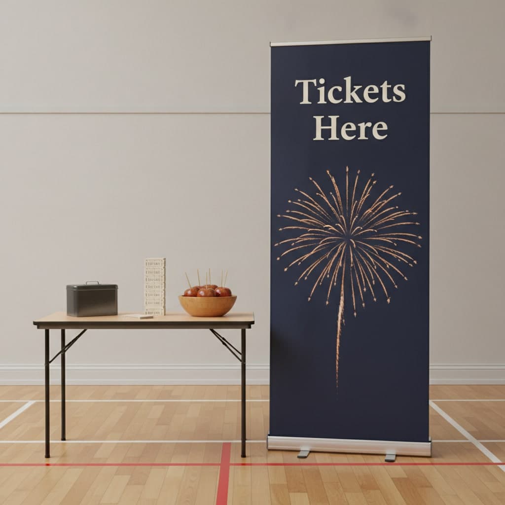 Roller banner for Bonfire Night tickets standing in a school sports hall beside a trestle table and a cash tin