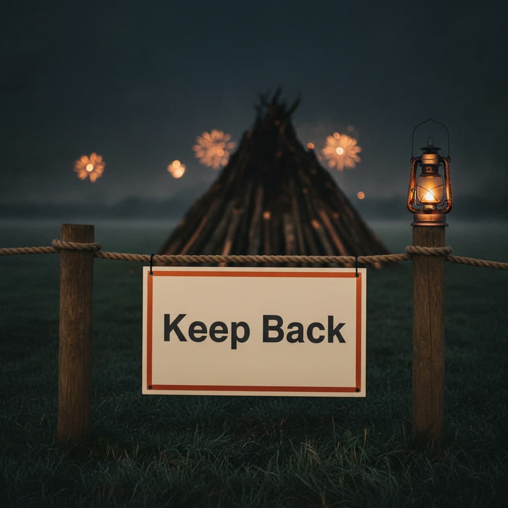 Keep back safety sign cable tied to a rope line in front of the Bonfire Night bonfire at dusk