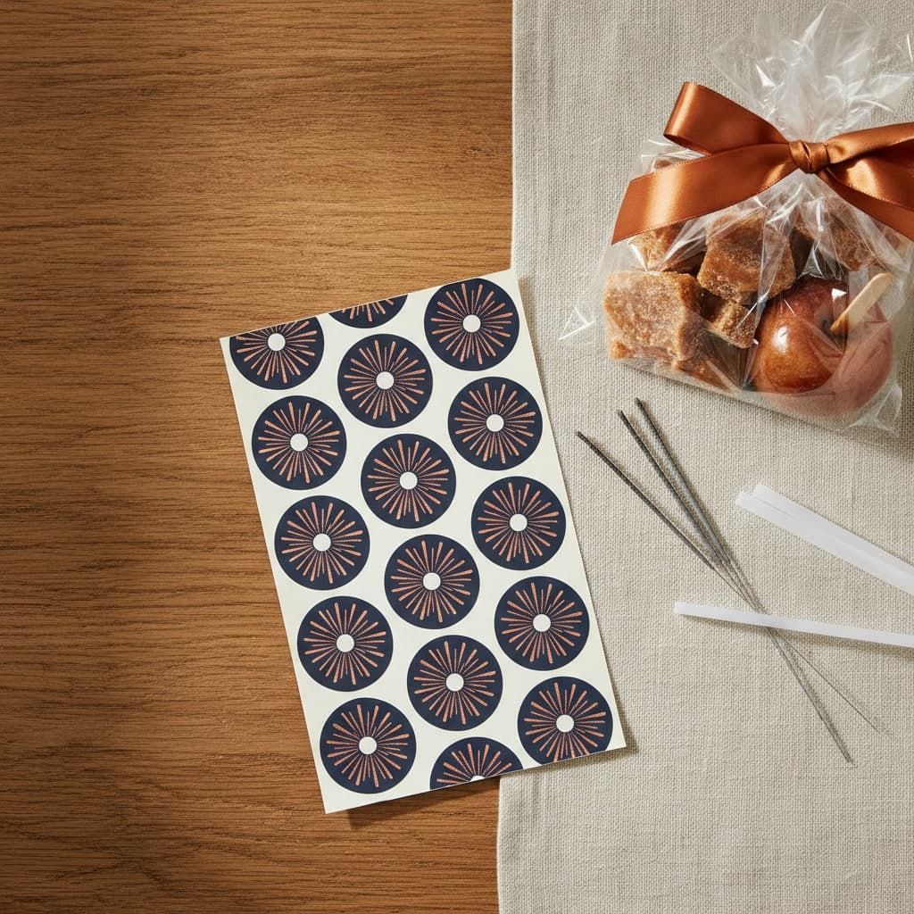 Sheet of round Bonfire Night stickers with copper firework bursts beside a raffle hamper and glow sticks