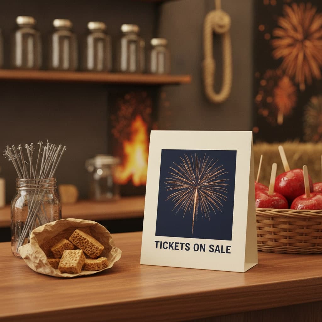 Strut card announcing Bonfire Night tickets on sale, standing on a village shop counter beside sparklers and toffee apples