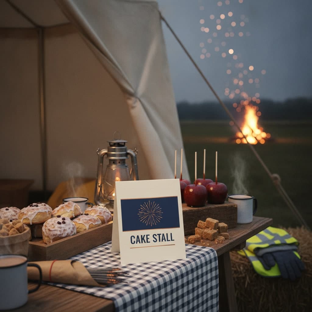 Tent card for the cake stall at a Bonfire Night display standing among iced buns and toffee apples on gingham