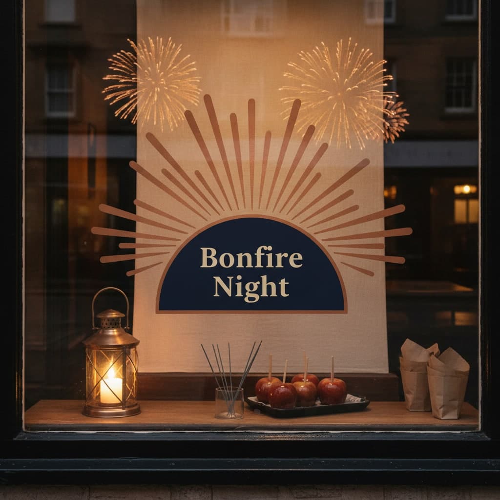 Vinyl window sticker for Bonfire Night applied to a pub window at dusk with the warm bar glowing behind