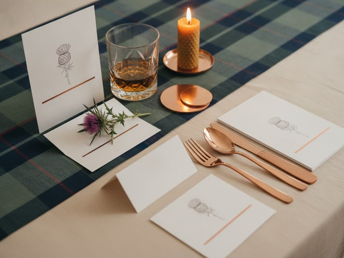 Burns Night supper stationery on a tartan runner: printed menu, place card, tent card, programmes and drink tokens beside a whisky glass