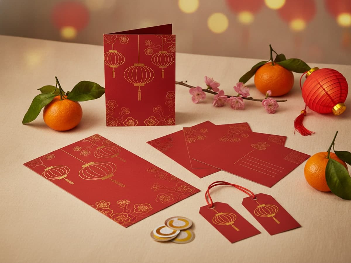 Chinese New Year printing in red and gold: menus, greeting cards, postcards, stickers and swing tags among mandarins and plum blossom