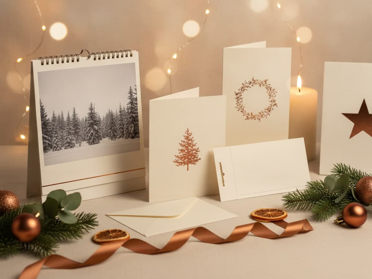 Christmas print on cream linen: folded greeting card, wall calendar, gift voucher, party menu and shop sign among fir and copper baubles