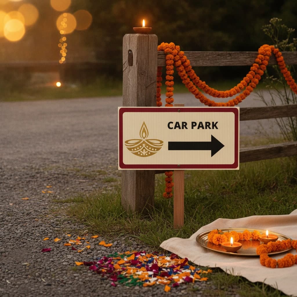 Correx car-park sign on a stake with a gold diya motif and arrow at a Diwali mela entrance beside a marigold garland