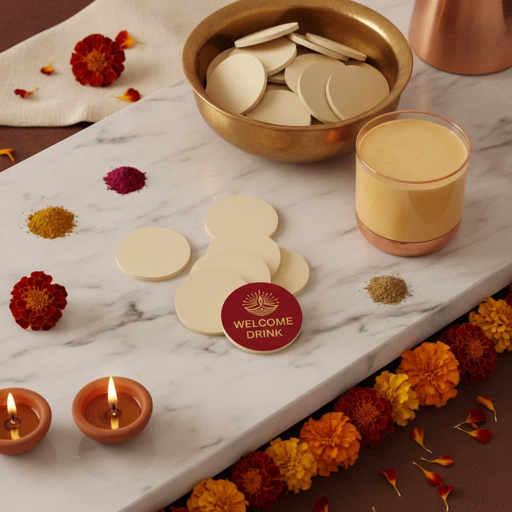 Round Diwali drink tokens in deep red and gold scattered on a marble bar top beside a brass bowl and lit diyas