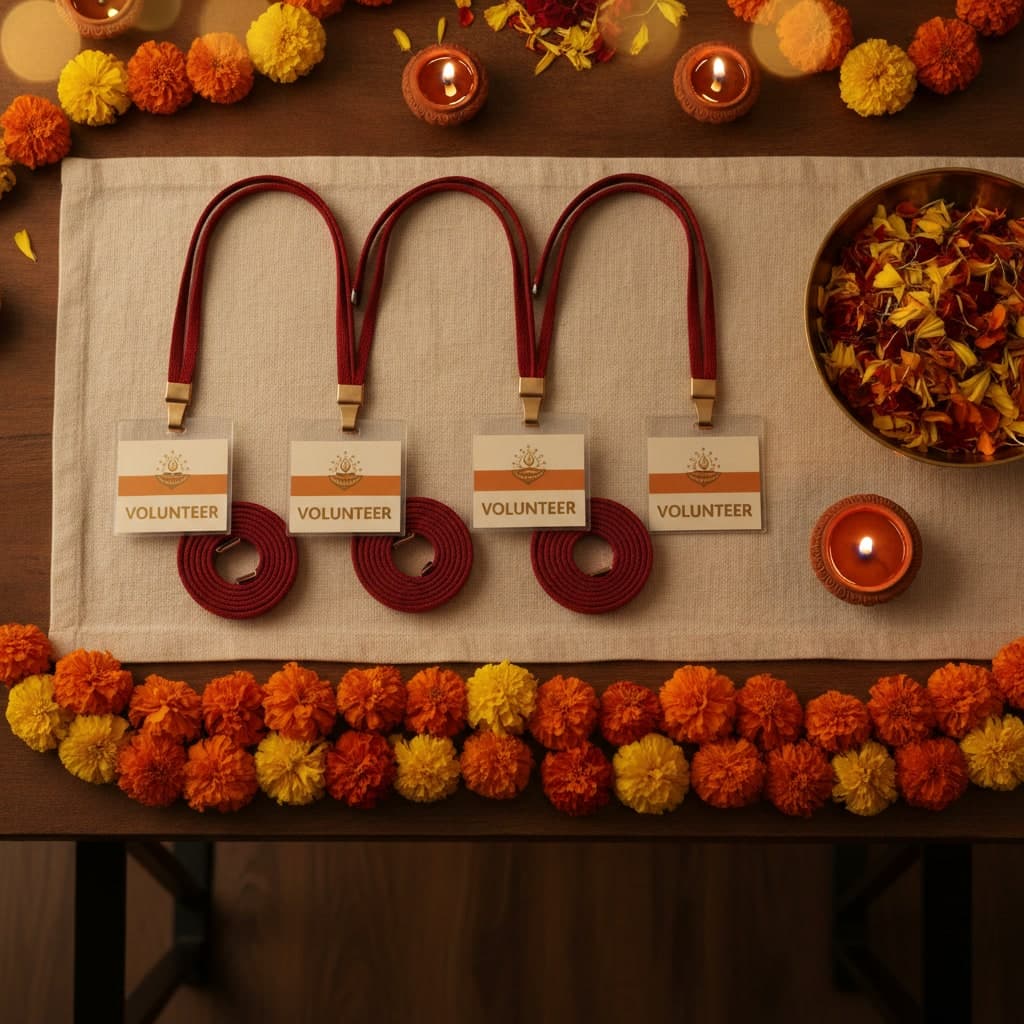 Diwali volunteer badges on red lanyards laid on a trestle table beside a marigold garland and a lit diya