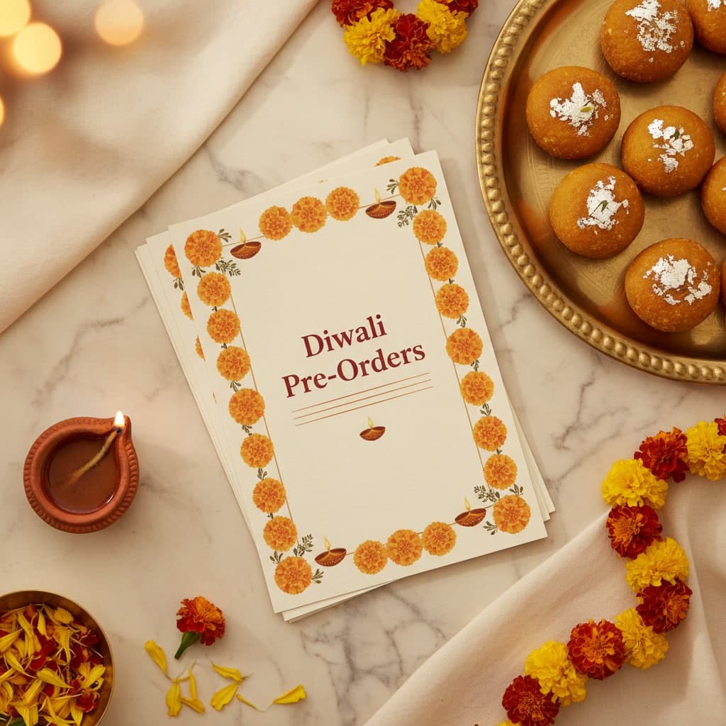A5 Diwali pre-order flyers with a marigold border stacked on a sweet-shop counter beside a tray of barfi