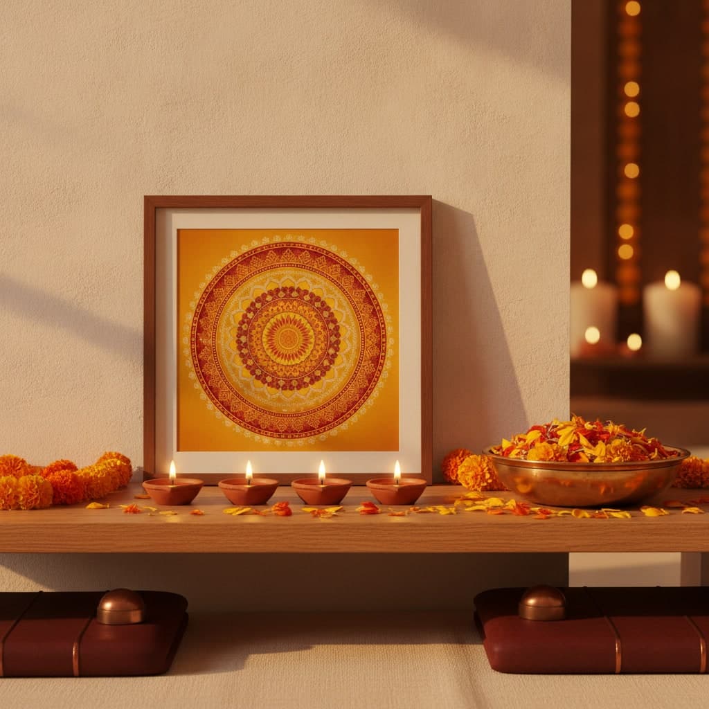 Framed rangoli print for Diwali in an espresso frame on an oak shelf above a row of lit terracotta diyas