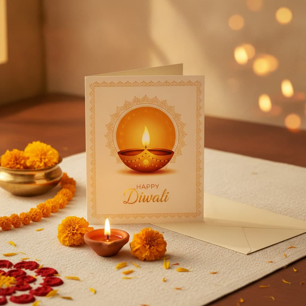 Personalised Diwali greeting card with a gold diya design, folded and standing beside a lit diya and marigolds