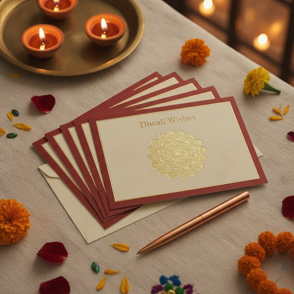 Corporate Diwali cards with gold foil rangoli and cream envelopes fanned on linen beside a brass tray of diyas