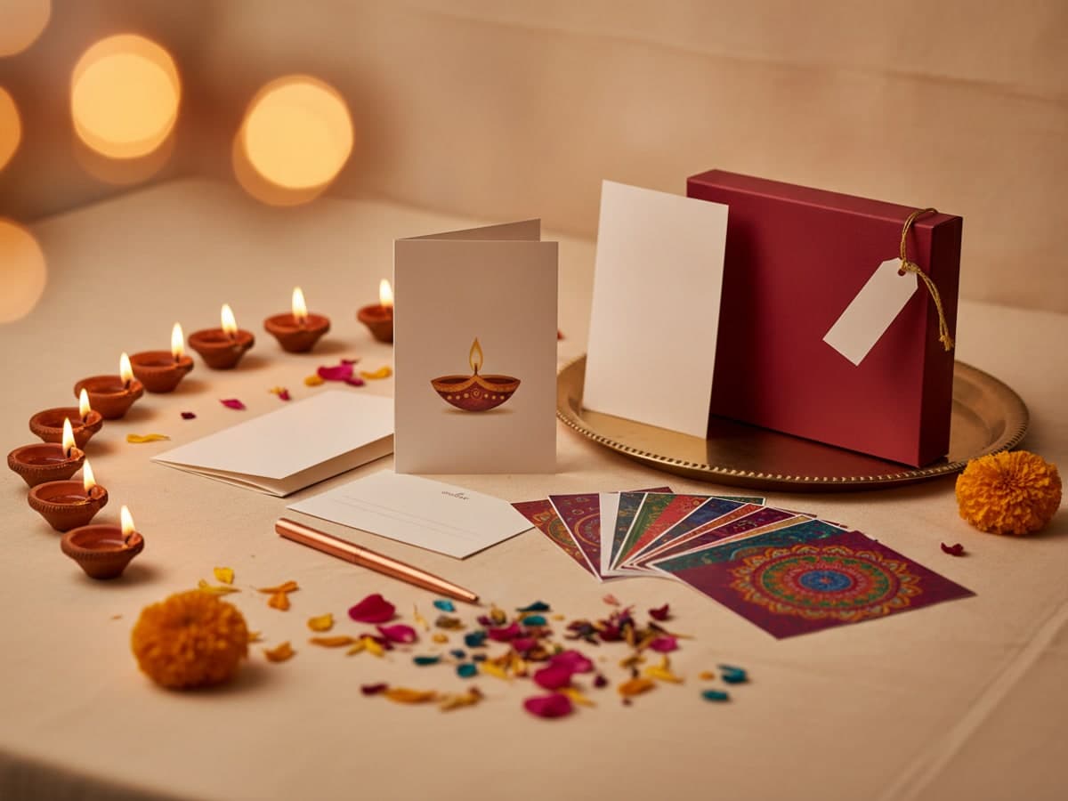 Diwali printing on cream linen: a folded card, swing-tagged mithai box, menu, postcards and programme among lit diyas