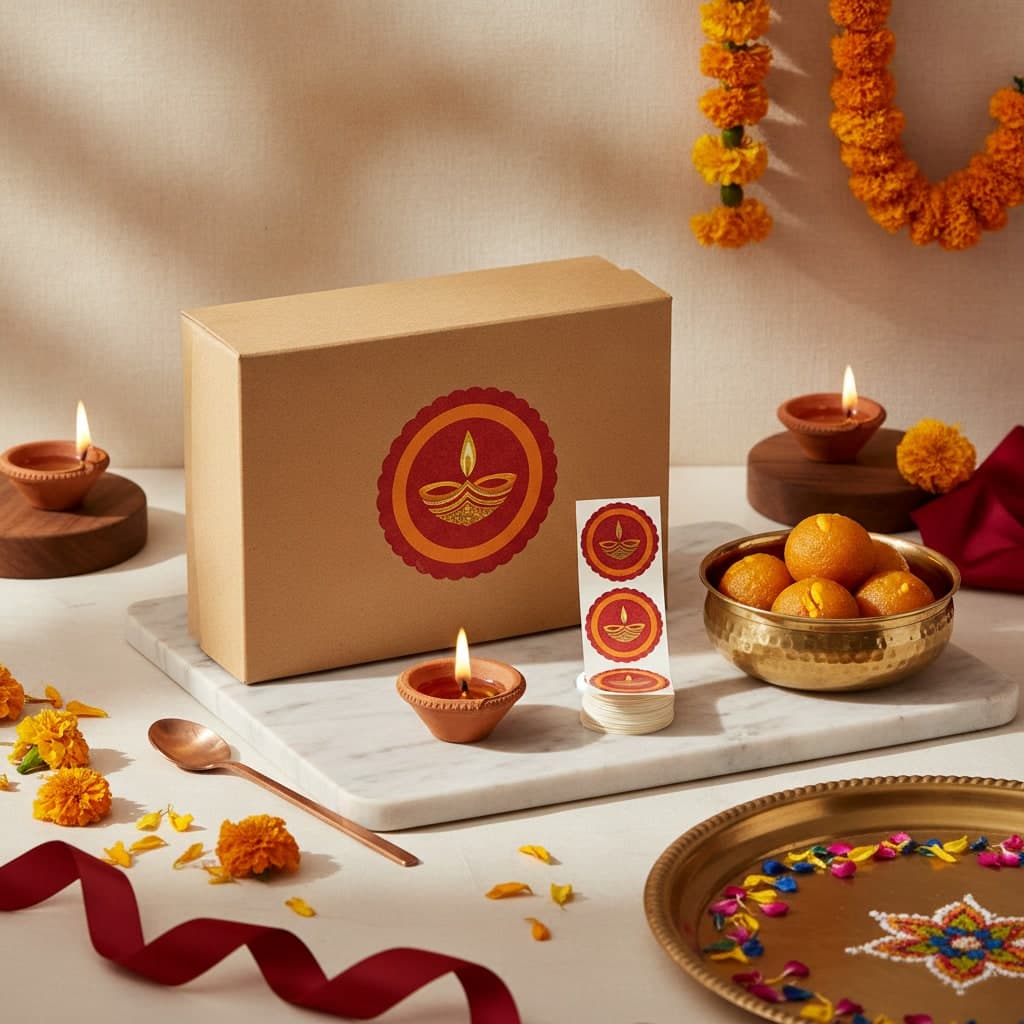 Round gold and red Diwali stickers sealing a kraft mithai box on a sweet-shop counter beside ladoo and a diya