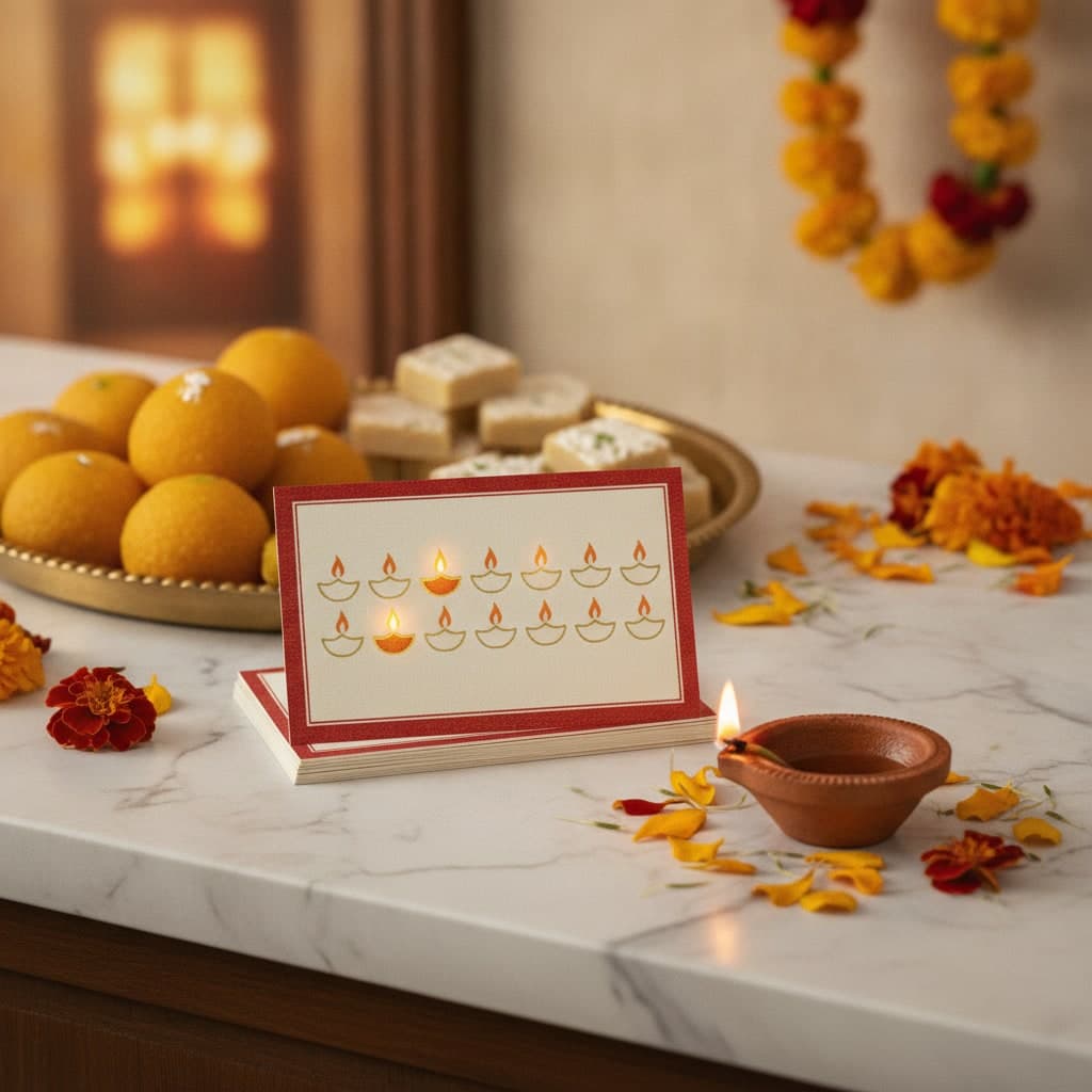 Diwali loyalty stamp cards with gold diya outlines stacked on a sweet-shop counter beside a tray of ladoo