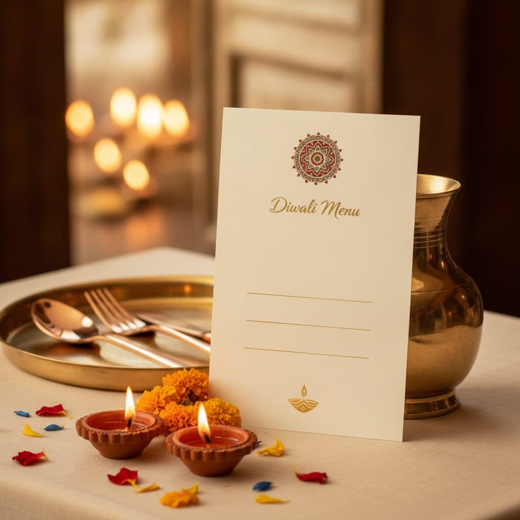 Diwali set menu card on thick silk propped against a brass jug on a restaurant table beside lit diyas and marigold garland